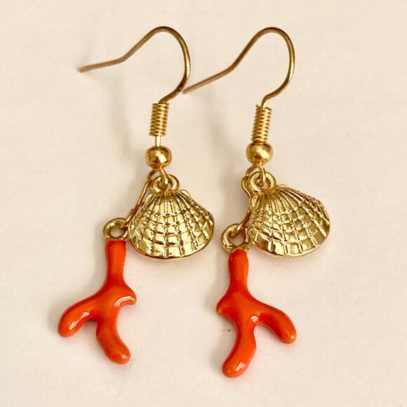Gold Coral Sea Shell Charm Earrings Red Orange Island Beach Nautical Plated - Picture 5 of 8